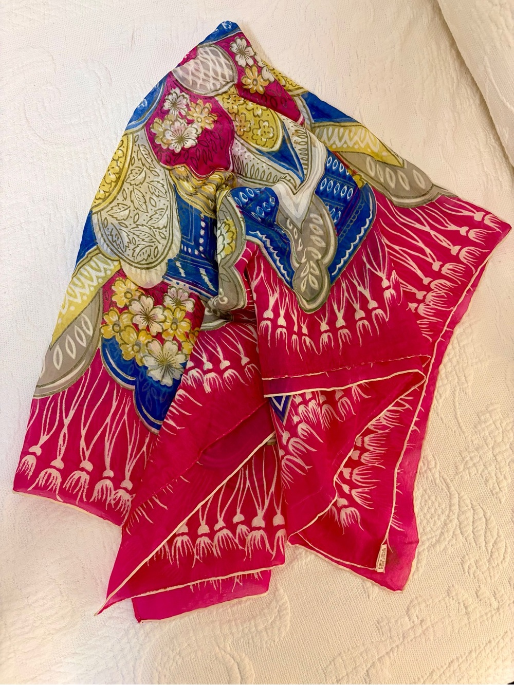 Vibrant Floral Silk Scarf in Fuchsia, Blue & Yellow